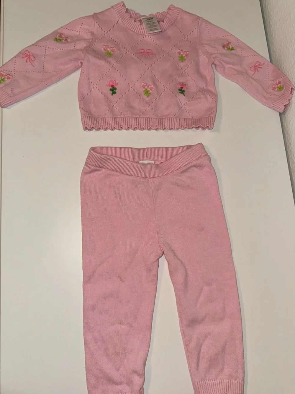 Pink Knit Sweater & Pants Set with Floral Embroidery